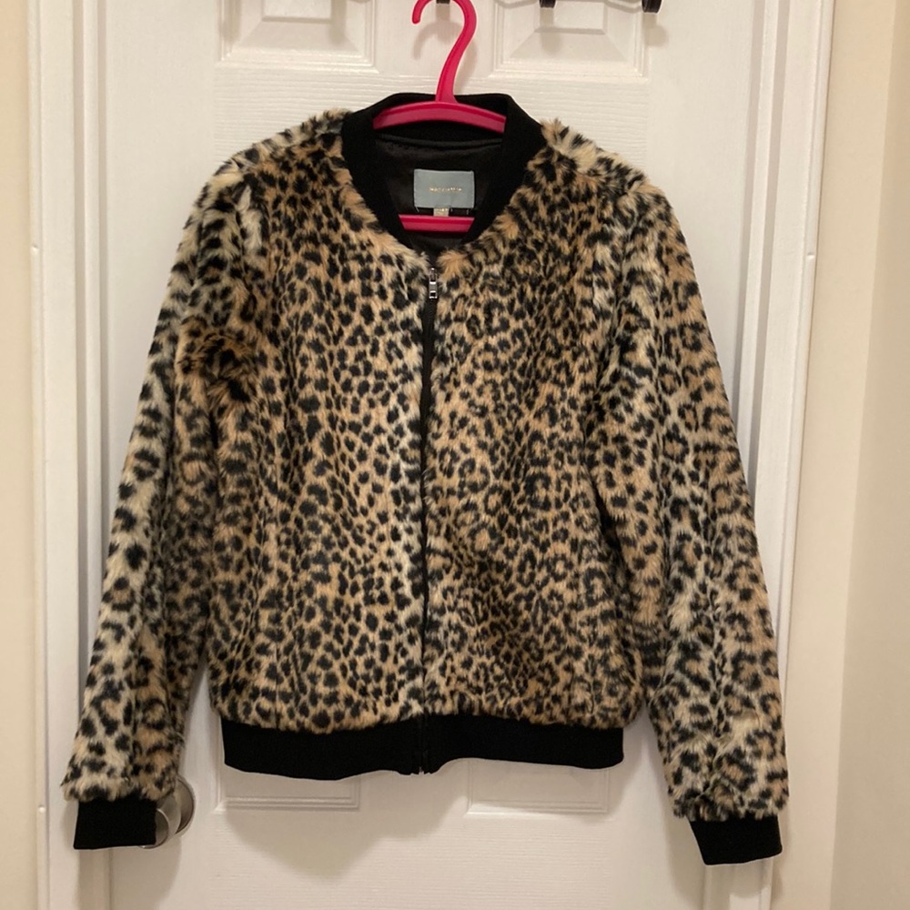 Animal print faux fur bomber jacket